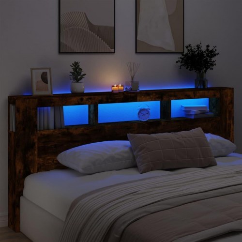 Sengegavl med LED-lys 220×18,5×103,5 cm - konstrueret træ, røget eg