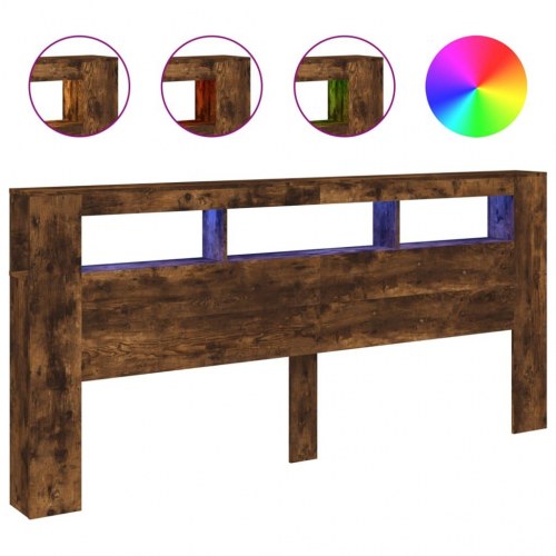 Sengegavl med LED-lys 220×18,5×103,5 cm - konstrueret træ, røget eg