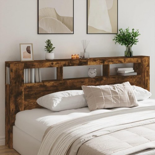 Sengegavl med LED-lys 220×18,5×103,5 cm - konstrueret træ, røget eg