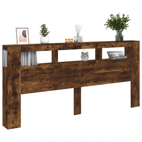 Sengegavl med LED-lys 220×18,5×103,5 cm - konstrueret træ, røget eg