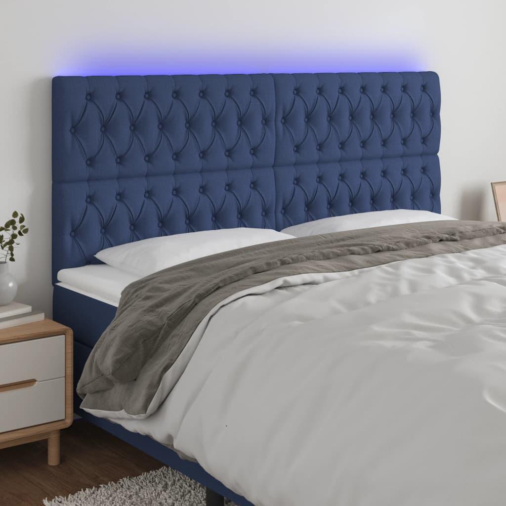 Sengegavl med LED-lys 200 × 7 × 118/128 cm - stof, blå