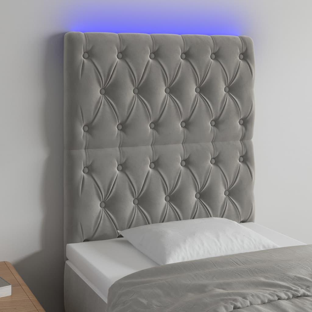 Sengegavl med LED-lys 80x7x118/128 cm fløjl lysegrå