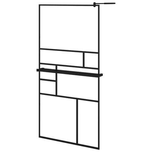 Brusevæg med hylde 100x195 cm sikkerhedsglas og aluminium sort