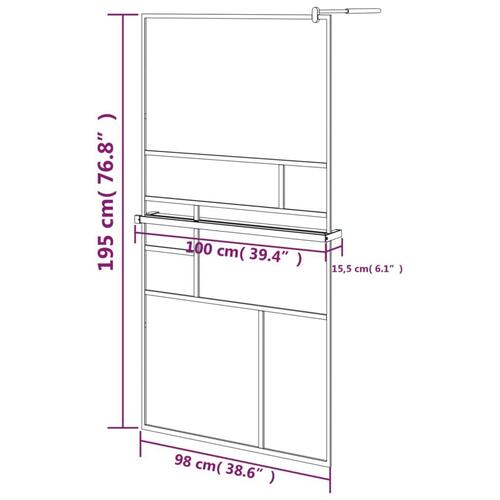 Brusevæg med hylde 100x195 cm sikkerhedsglas og aluminium sort