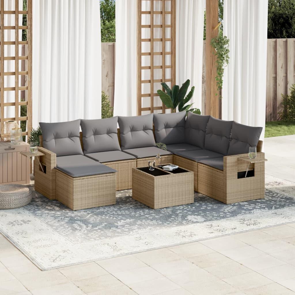 Sofasæt til haven i polyrattan - 8 dele med hynder, beige/lysegrå