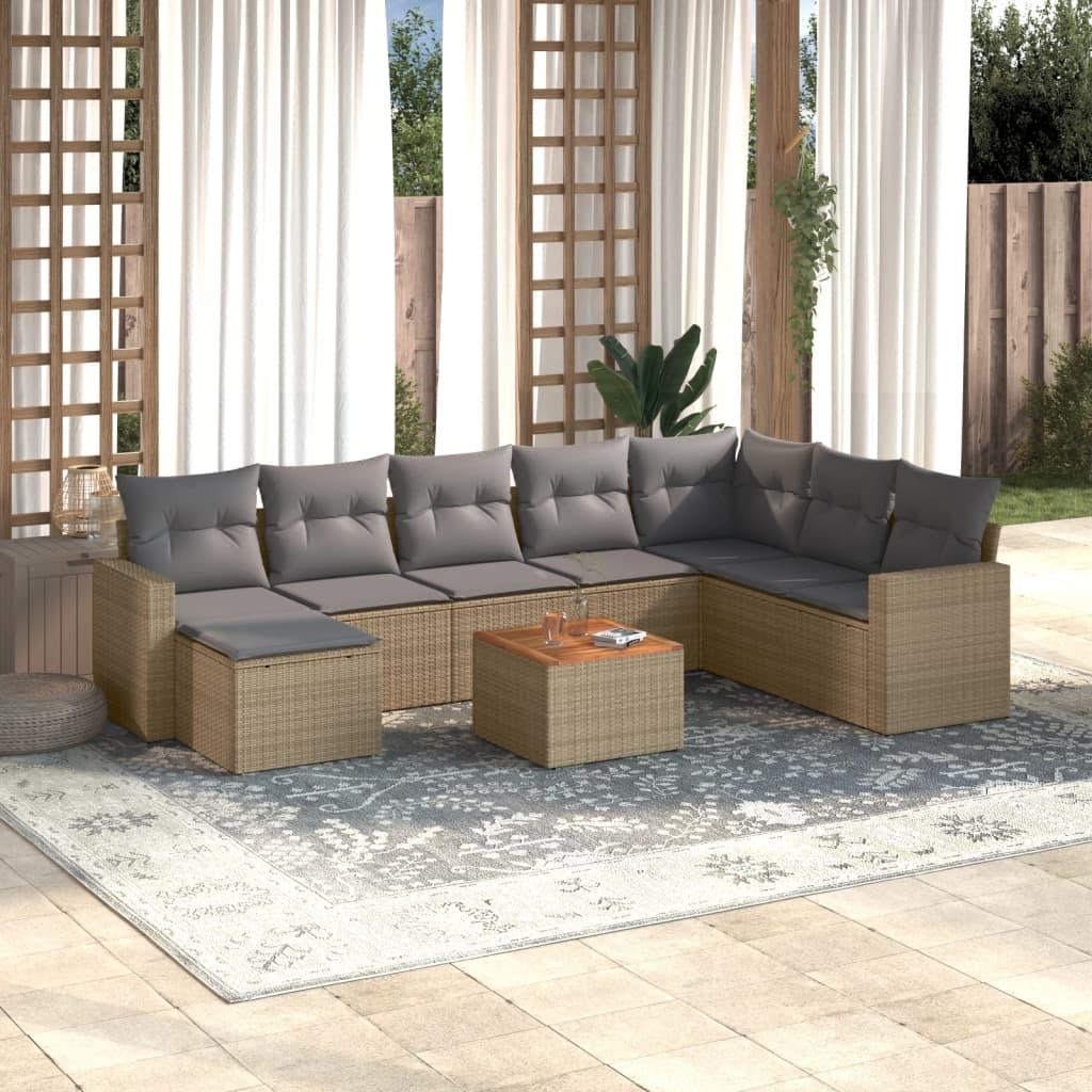 Havesofasæt 9 dele med hynder i polyrattan - beige