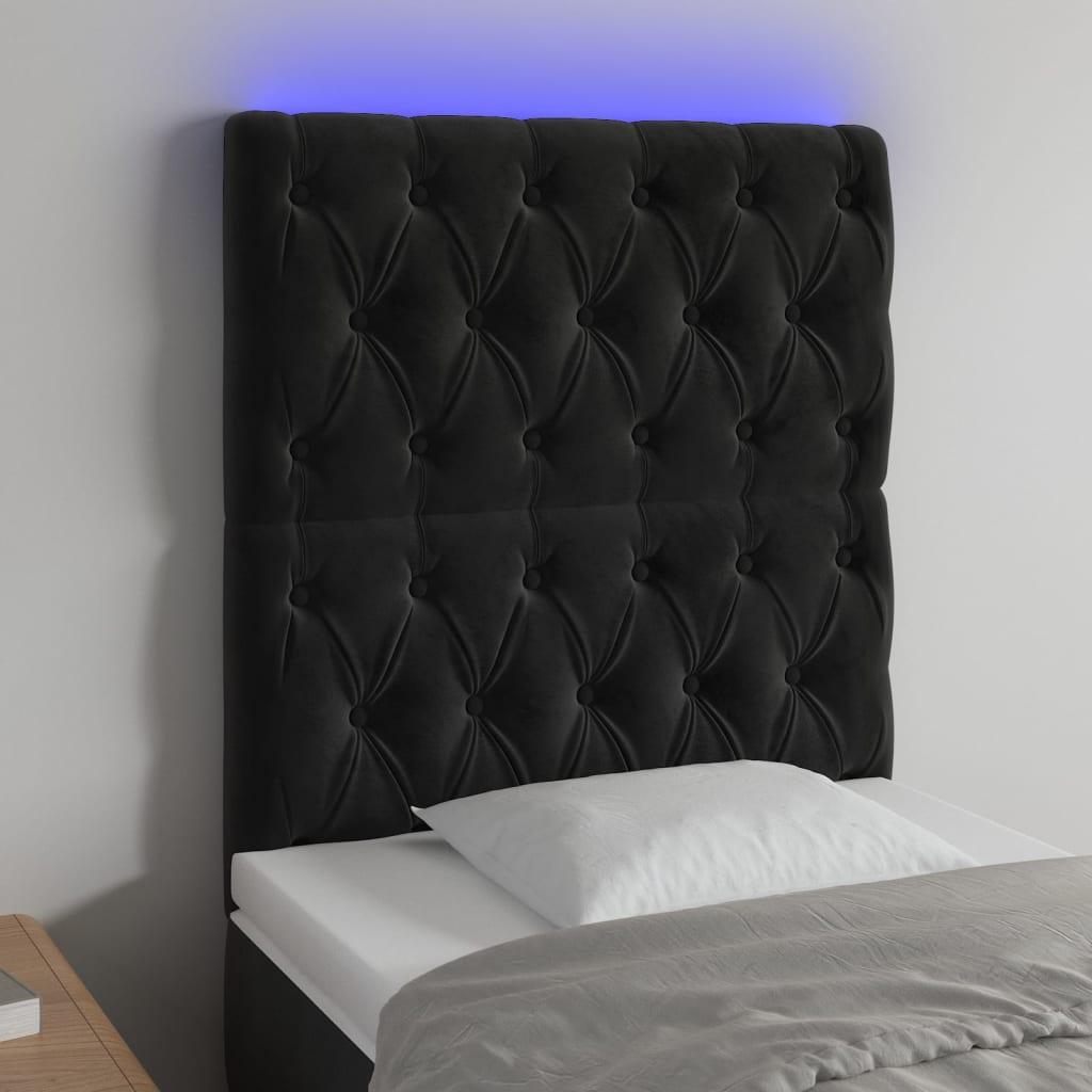 Sengegavl med LED-lys 80x7x118/128 cm fløjl sort billede