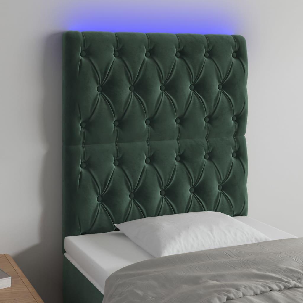 Sengegavl med LED-lys 80x7x118/128 cm fløjl mørkegrøn