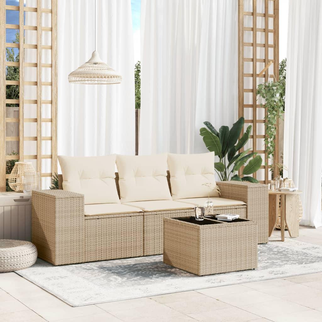 Sofasæt til haven i polyrattan 4 dele med hynder og opbevaring - beige