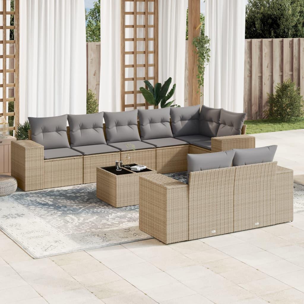 Sofasæt Til Haven 8 Dele Med Hynder Polyrattan - beige og lysegrå / Med bord