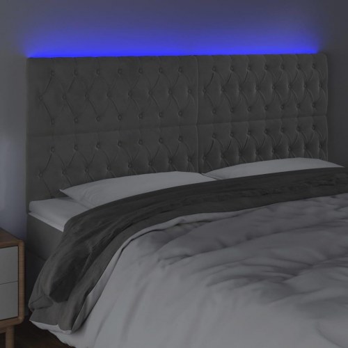 Sengegavl med LED-lys 200 x 7 x 118/128 cm - lysegrå fløjl