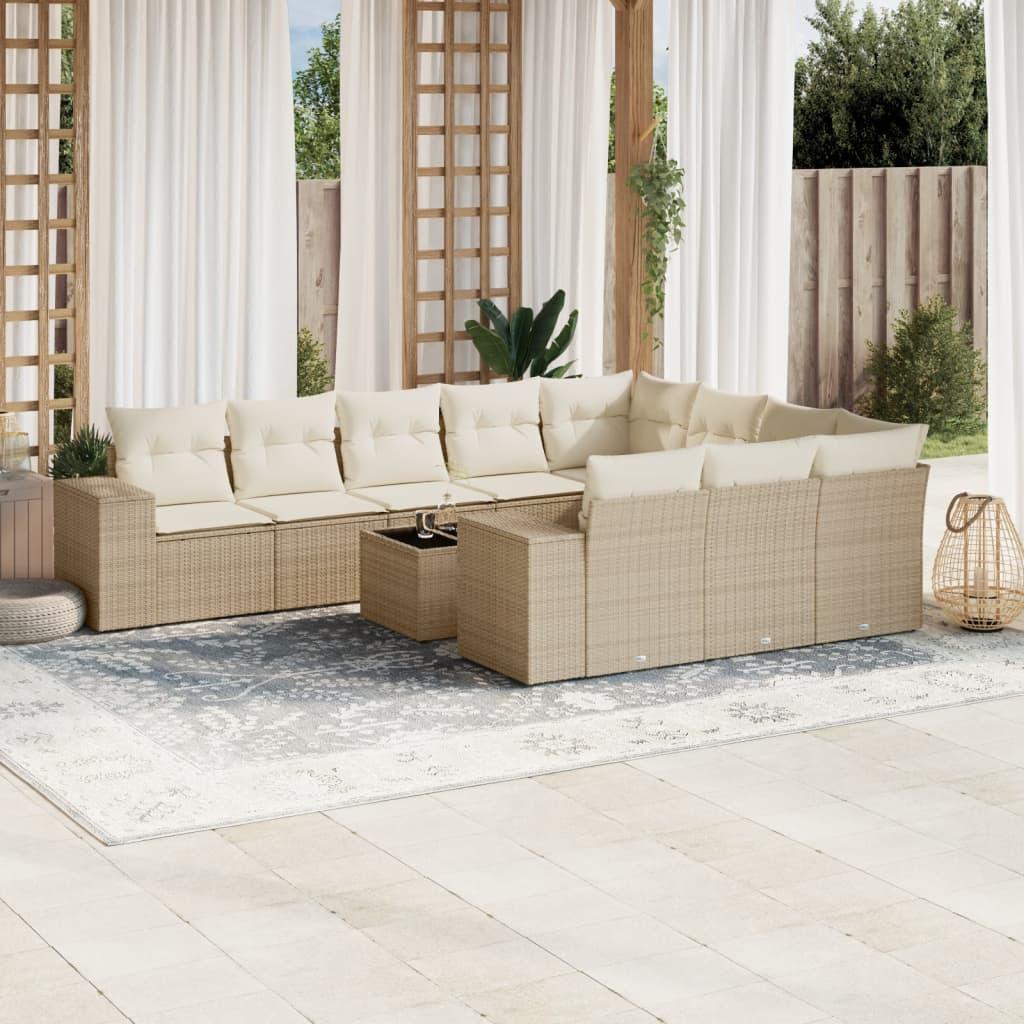 Sofasæt til haven i polyrattan - 11 dele med hynder, beige