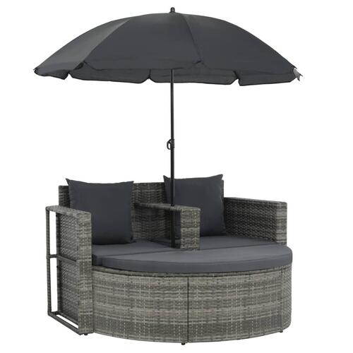 2-personers havesofa med hynder og parsol polyrattan grå