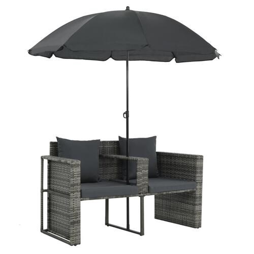 2-personers havesofa med hynder og parsol polyrattan grå