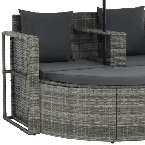 2-personers havesofa med hynder og parsol polyrattan grå