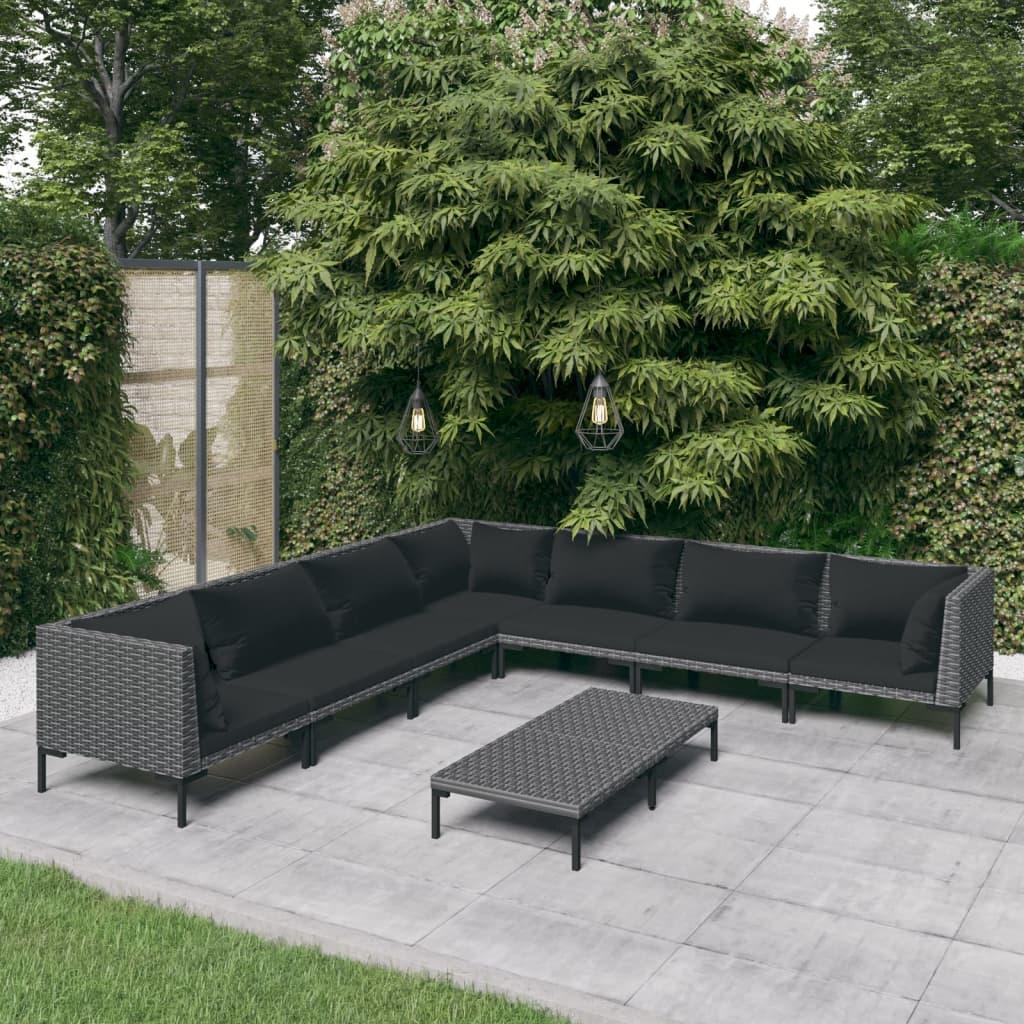Loungesæt til haven - 8 dele med hynder i halvrund polyrattan, mørkegrå