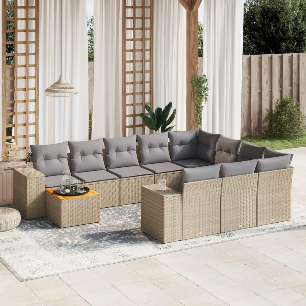 Sofasæt Til Haven 11 Dele Med Hynder Polyrattan - beige og lysegrå / bord 2x hjørnedel 6x midterdel