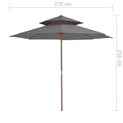 Parasol m. træstang 270 cm 2 niveauer antracitgrå