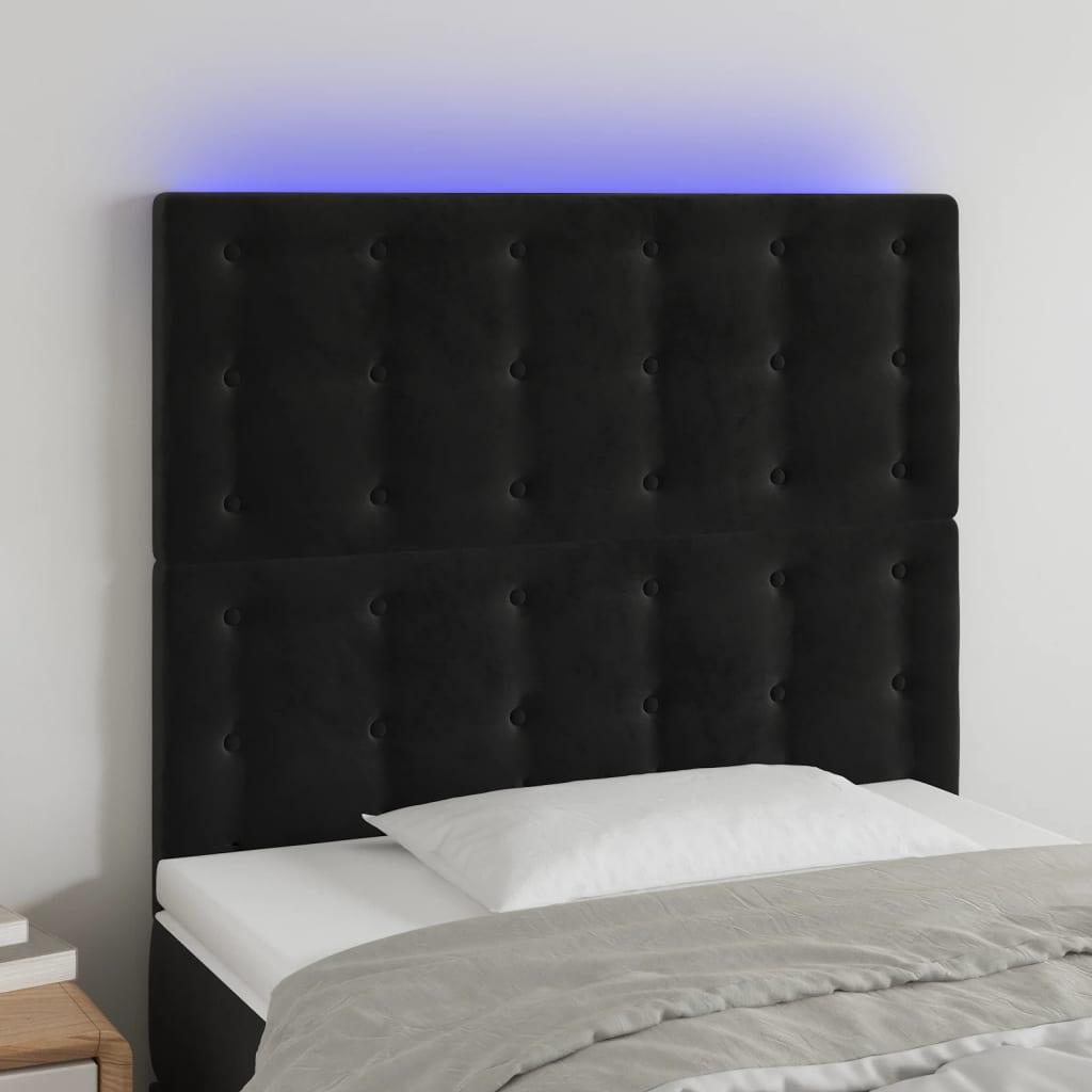 Sengegavl med LED-lys 80x5x118/128 cm fløjl sort billede
