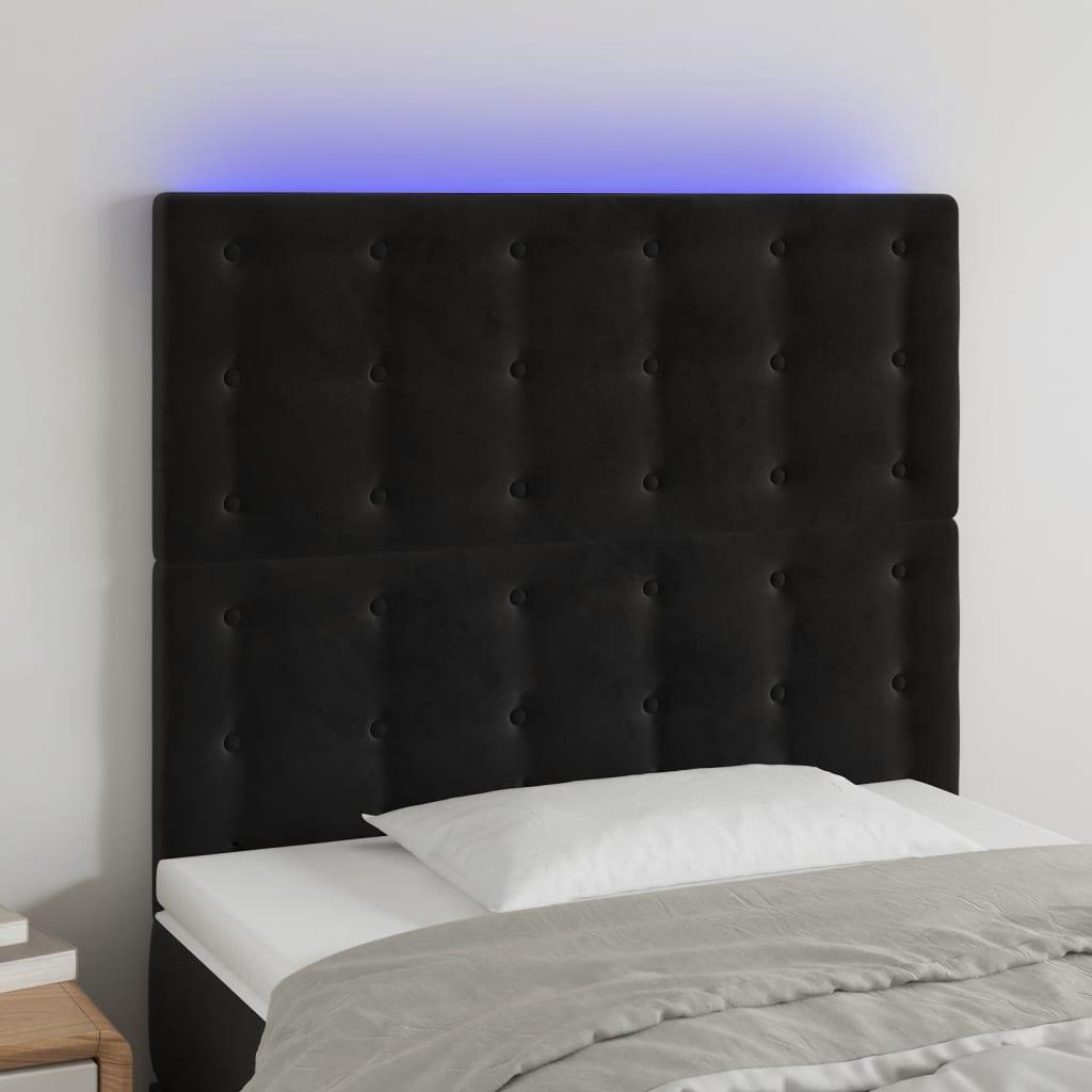 Sengegavl med LED-lys 90x5x118/128 cm fløjl sort billede