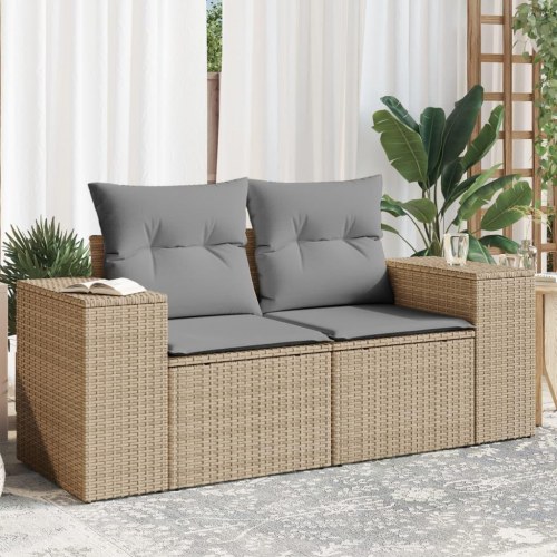 2-personers havesofa i polyrattan med hynder - beige/lysegrå