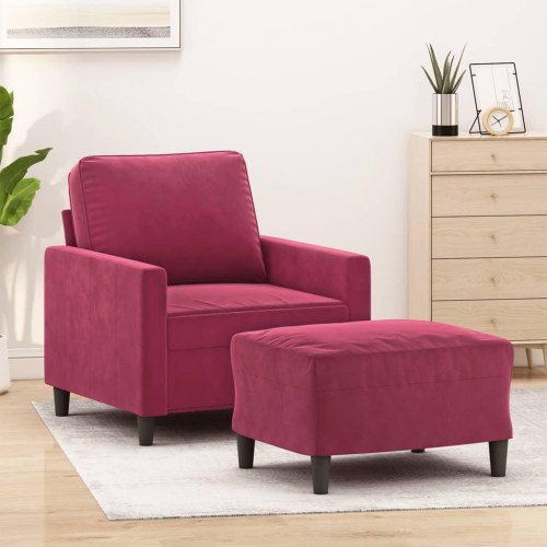 Sofastol med fodskammel i velour - 60 cm sæde, vinrød