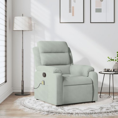 Massagestol i velour - lysegrå, manuel recliner med 6-punkts vibrationsmassage