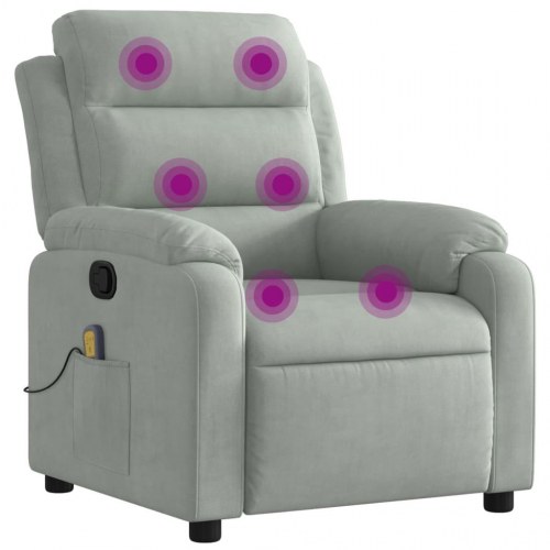 Massagestol i velour - lysegrå, manuel recliner med 6-punkts vibrationsmassage