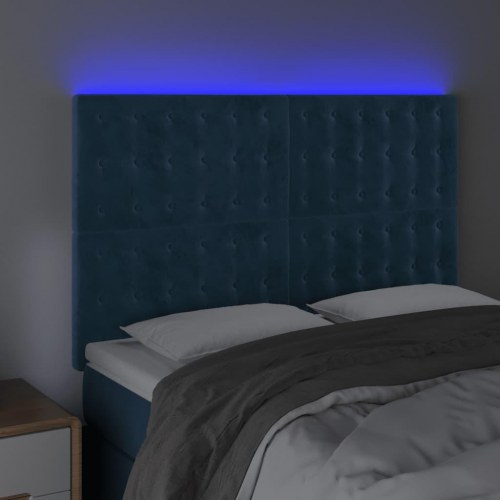 Sengegavl med LED-lys i fløjl - mørkeblå, 144 x 5 x 118/128 cm