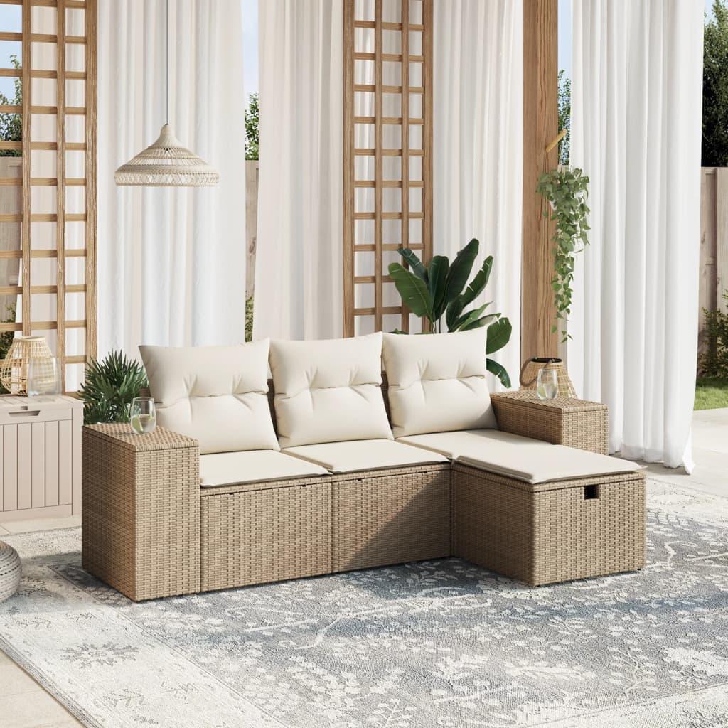 Havesofasæt 4 dele med hynder i polyrattan - beige