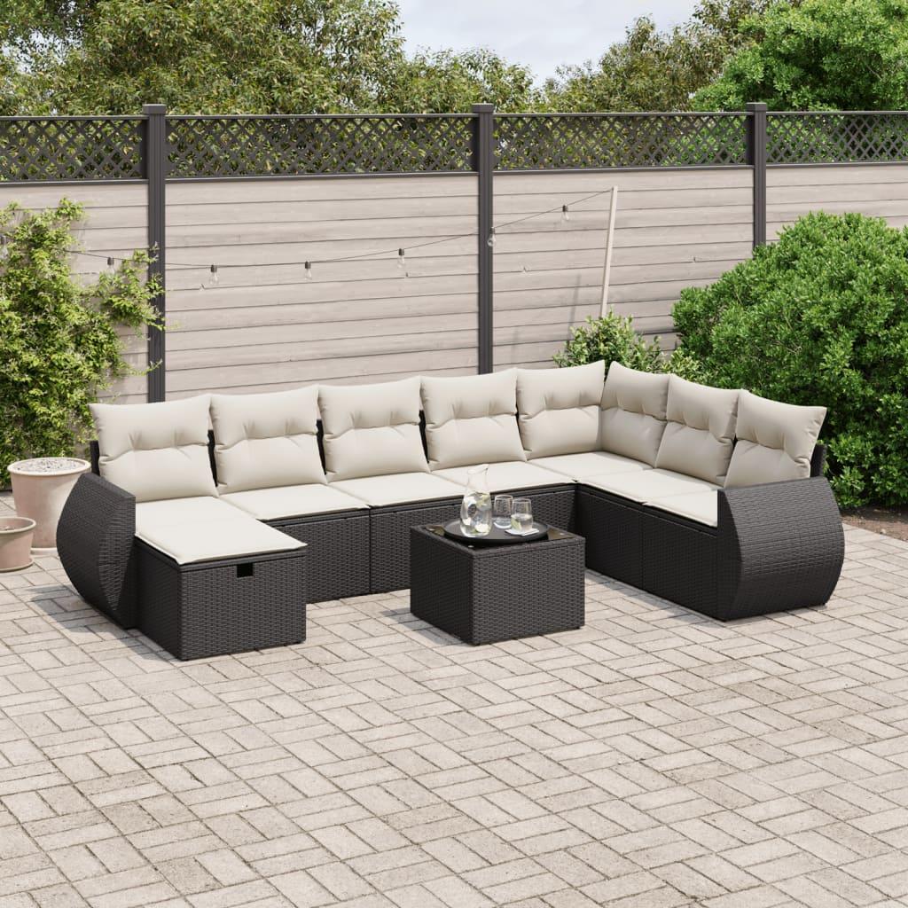 Sofasæt til haven 9 dele med hynder i polyrattan sort/creme