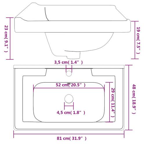 Badeværelsesvask 81x48x23 cm rektangulær keramisk hvid