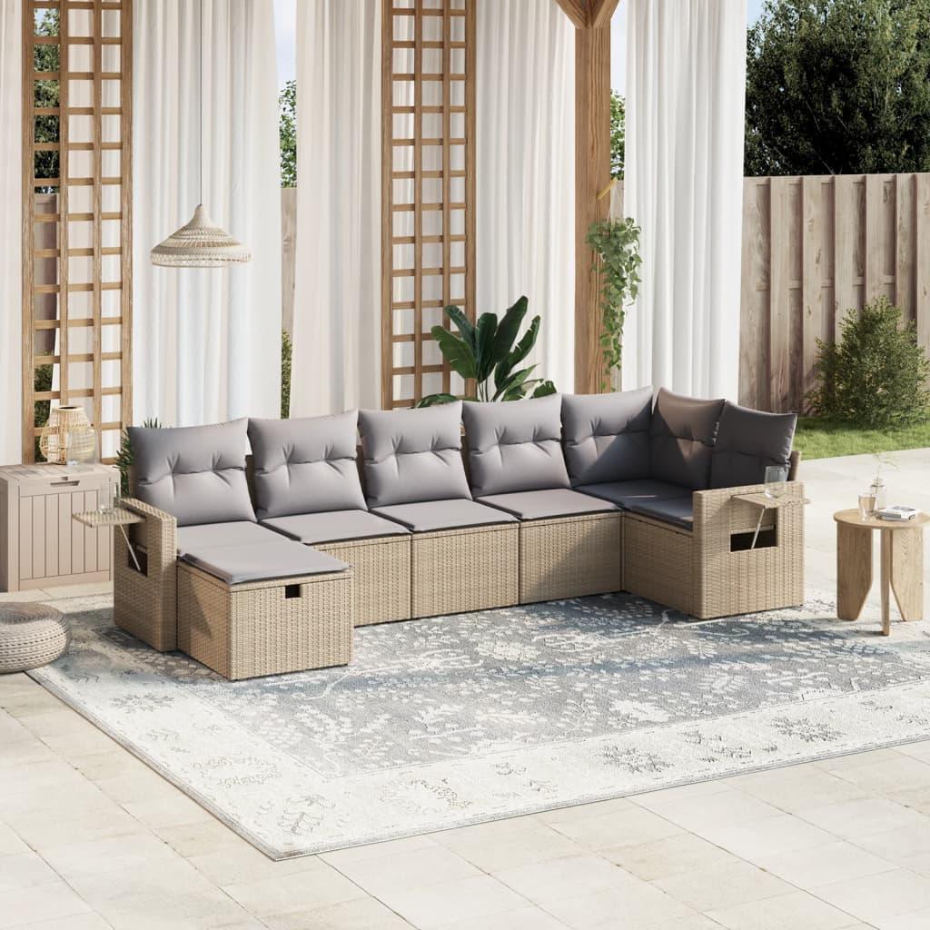 Havesofasæt 7 dele i polyrattan med hynder - beige/lysegrå