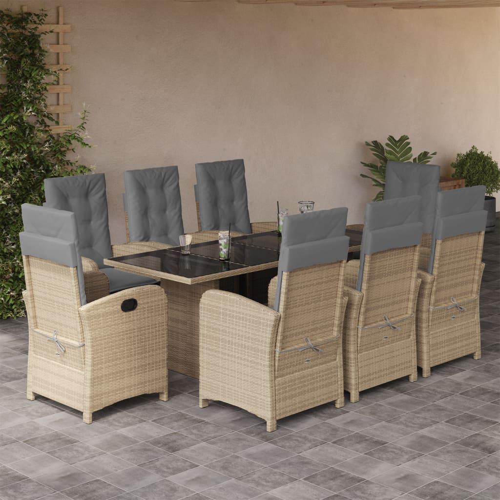 Spisebordssæt Til Haven 9 Dele Med Hynder Polyrattan Sort - 8 / Blandet beige / Med fodskammel