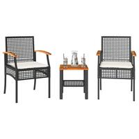 Bistrosæt 3 dele med hynder polyrattan og akacietræ sort