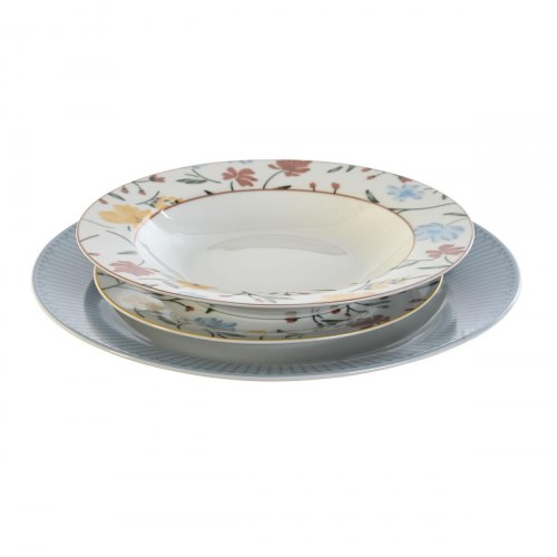 Spisestel i porcelæn - blå/hvid, floral, 18 dele (27 × 27 × 3 cm)