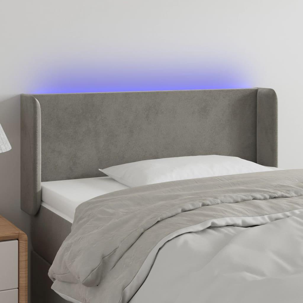 Sengegavl med LED-lys 103x16x78/88 cm fløjl lysegrå