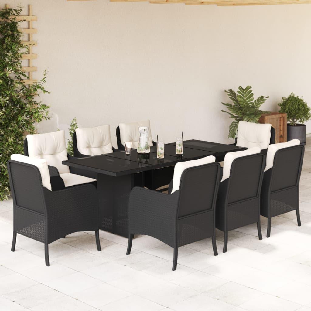 Spisebordssæt Til Haven 9 Dele Med Hynder Polyrattan Beige - 8 / Sort og cremefarvet / Glas