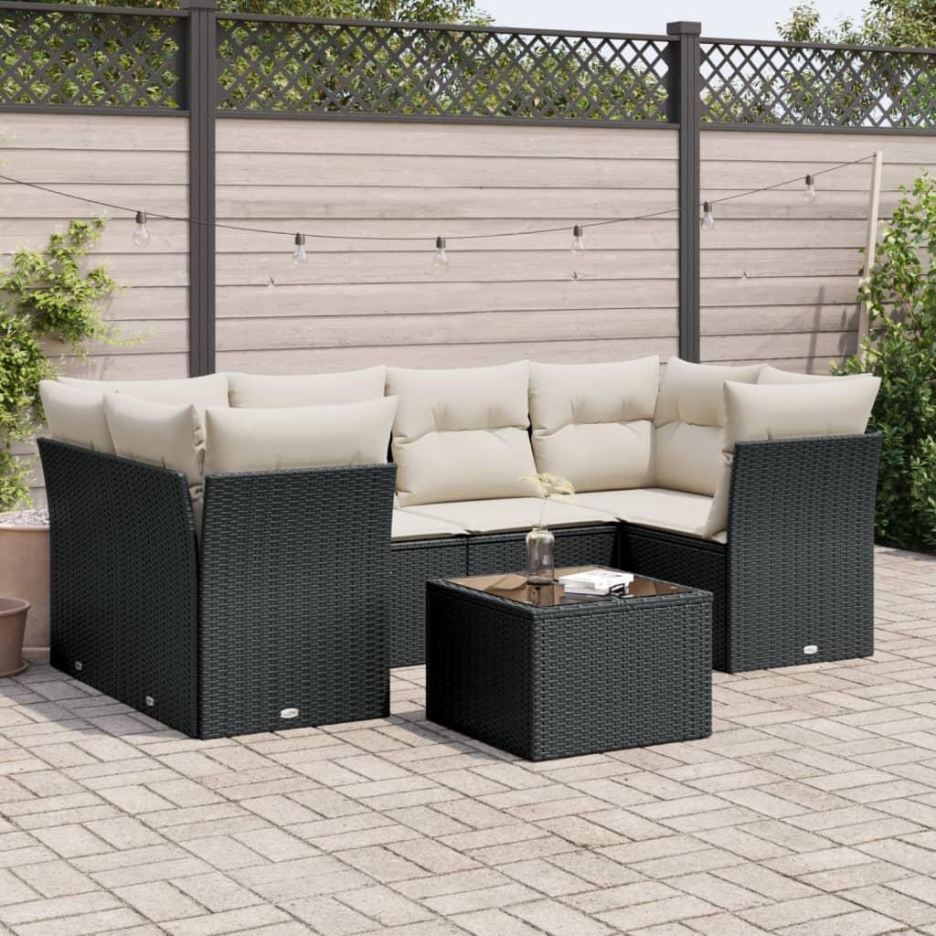 Sofasæt Til Haven 7 Dele Med Hynder Polyrattan - Sort og cremefarvet / 2x middle table 4x corner