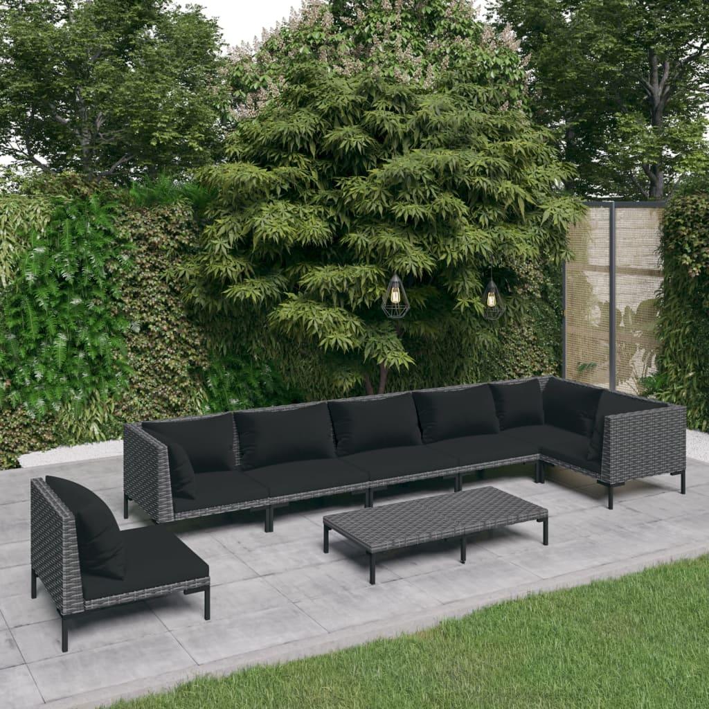 Loungesæt til haven - 8 dele med hynder i halvrund polyrattan, mørkegrå
