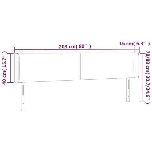 Sengegavl med LED-lys 203x16x78/88 cm fløjl mørkegrå