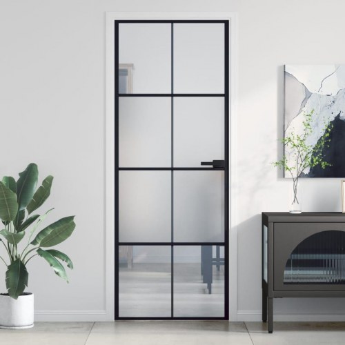 Indvendig glasdør 76×201,5 cm - hærdet glas og sort aluminium