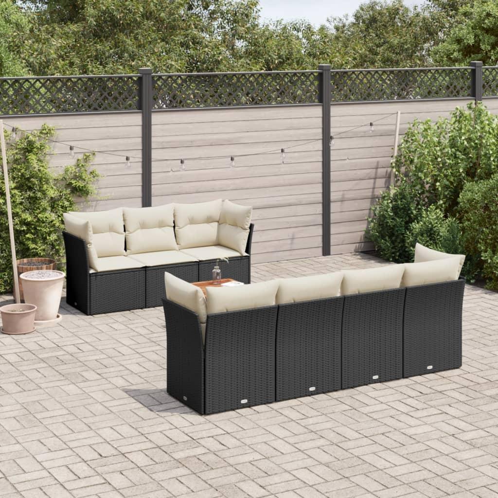 Sofasæt Til Haven 8 Dele Med Hynder Polyrattan - Sort og cremefarvet / 2x hjørnedel 3x midterdel bord