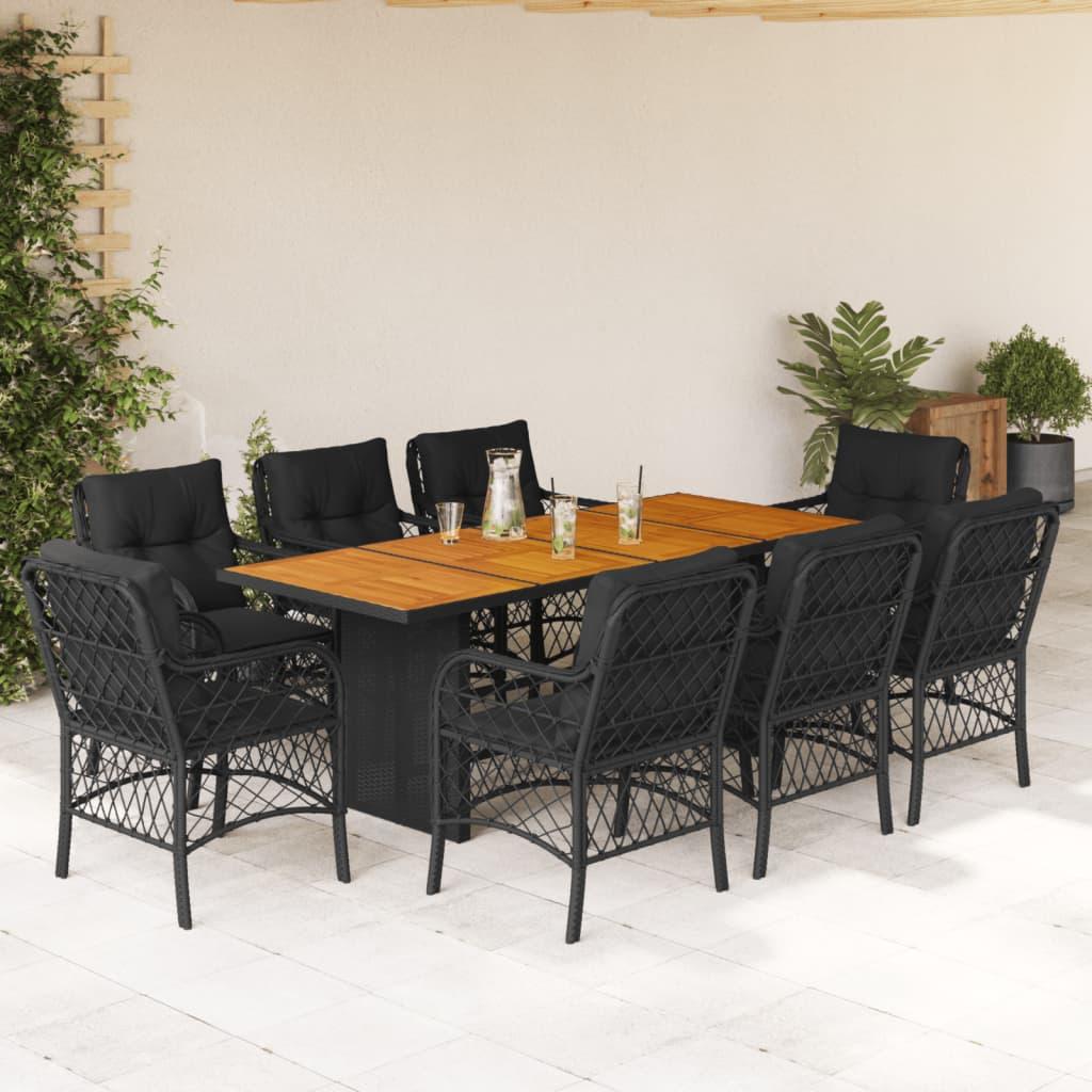 Spisebordssæt Til Haven 9 Dele Med Hynder Polyrattan Sort - 8 / Sort / træ