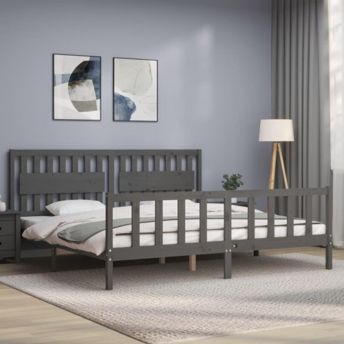Sengeramme med sengegavl 200x200 cm massivt træ grå