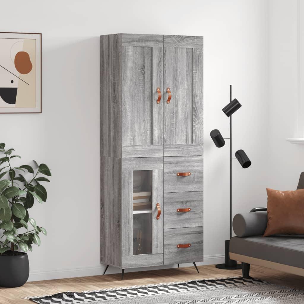 Højskab 69,5X34X180 Cm Konstrueret Træ - Grå sonoma-eg / 1 glaslåge 3 skuffer