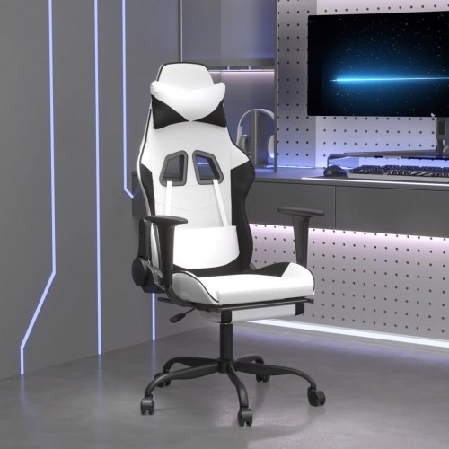 Gamingstol med massage og fodstøtte i kunstlæder - hvid/sort