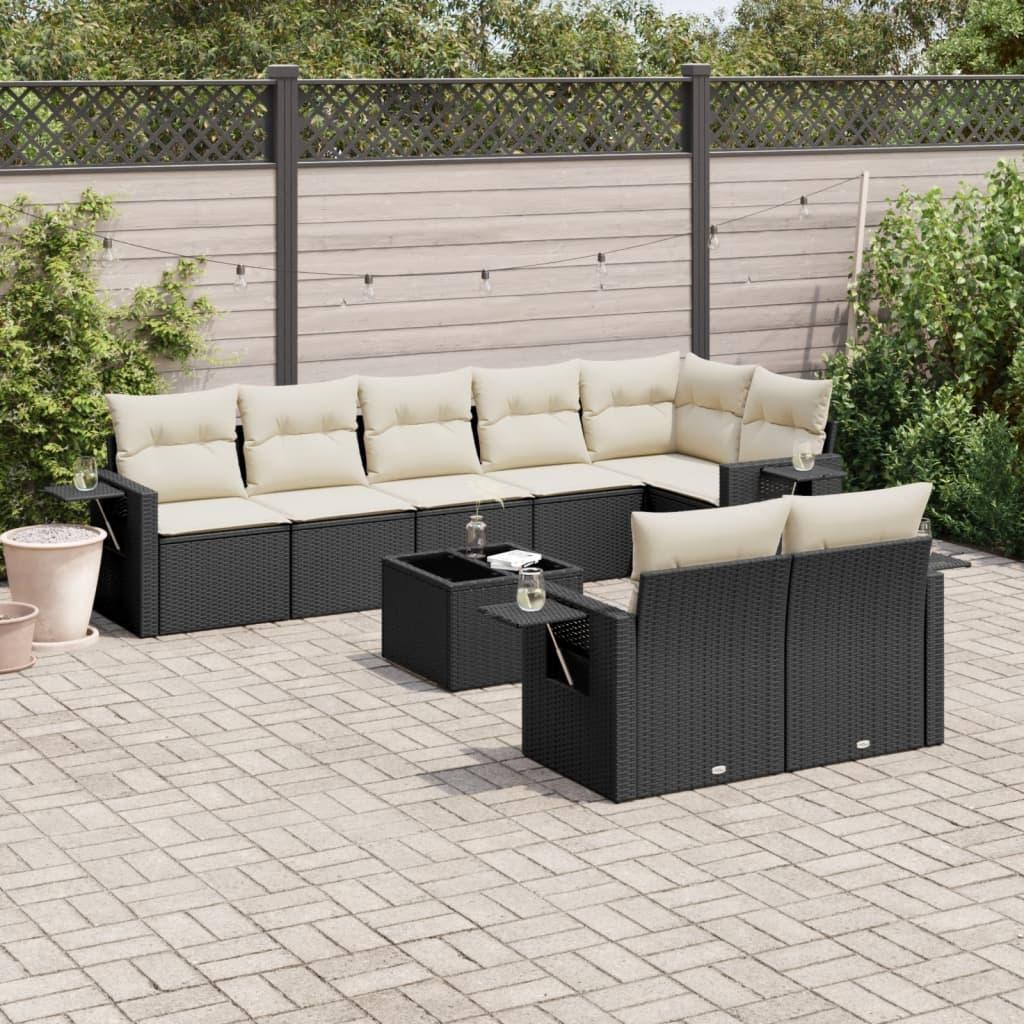 Sofasæt Til Haven 9 Dele Med Hynder Polyrattan - Sort og cremefarvet / Med bord