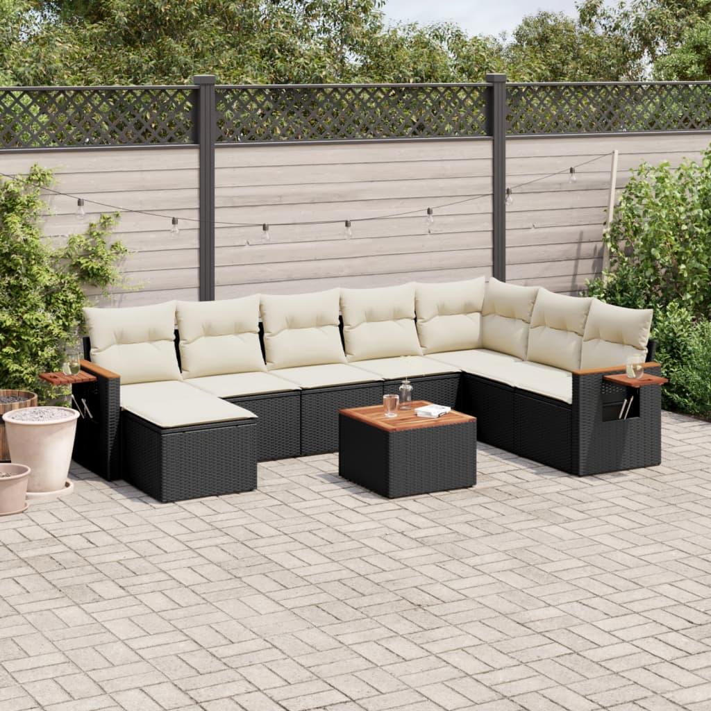 Sofasæt til haven i polyrattan - 9 dele med hynder, sort