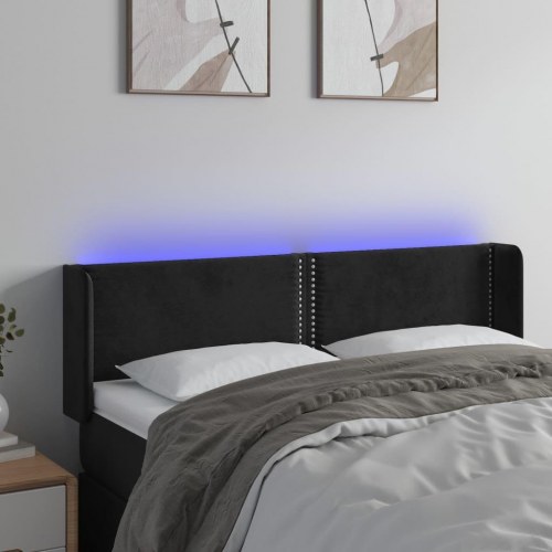 Sengegavl med LED-lys i fløjl - sort, 147 x 16 x 78/88 cm